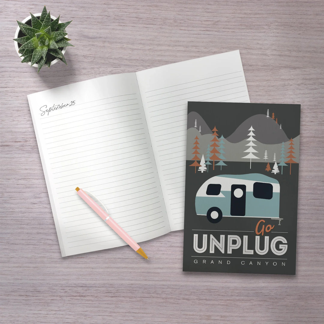 Lined 6x9 Journal, Grand Canyon National Park, Arizona, Go Unplug (Retro Camper), Vector Style, Lay Flat, 193 Pages, FSC paper