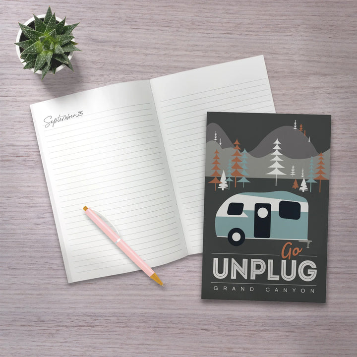 Lined 6x9 Journal, Grand Canyon National Park, Arizona, Go Unplug (Retro Camper), Vector Style, Lay Flat, 193 Pages, FSC paper