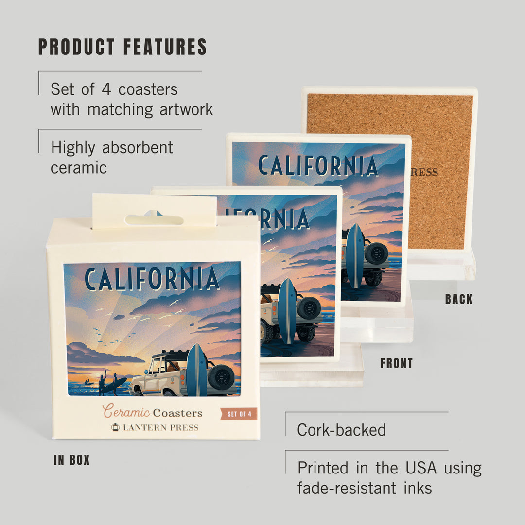 California, Lithograph, Wake Up, Surf's Up, Surfers on Beach, Coaster Set