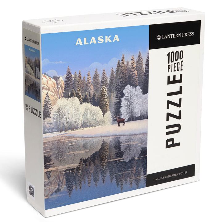 Alaska, Lithograph, Lone Deer By Snowy Lake, Jigsaw Puzzle