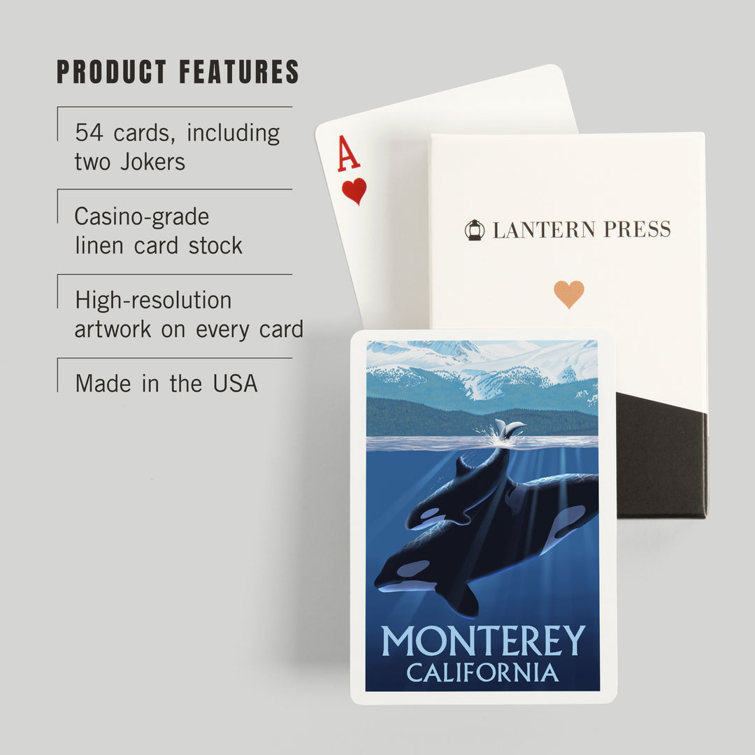 Playing Cards, Monterey, California Orca and Calf (Mountains), 52 Card Deck with Jokers in Box, Unique Art
