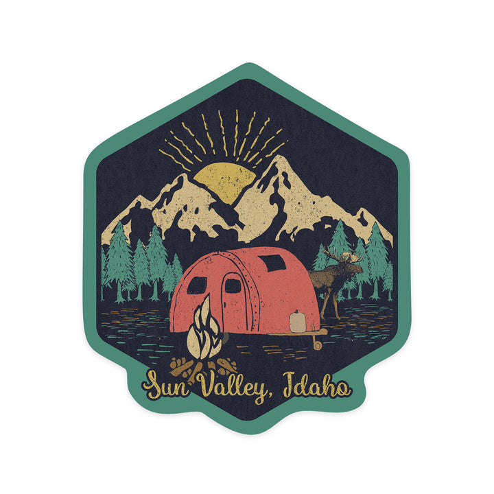 Sun Valley, Idaho, Camping Scene, Contour, Lantern Press Artwork, Vinyl Sticker