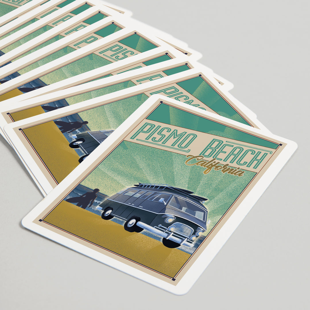 Playing Cards, Pismo Beach, California, Camper Van on Beach, Lithograph, 52 Card Deck with Jokers in Box, Unique Art
