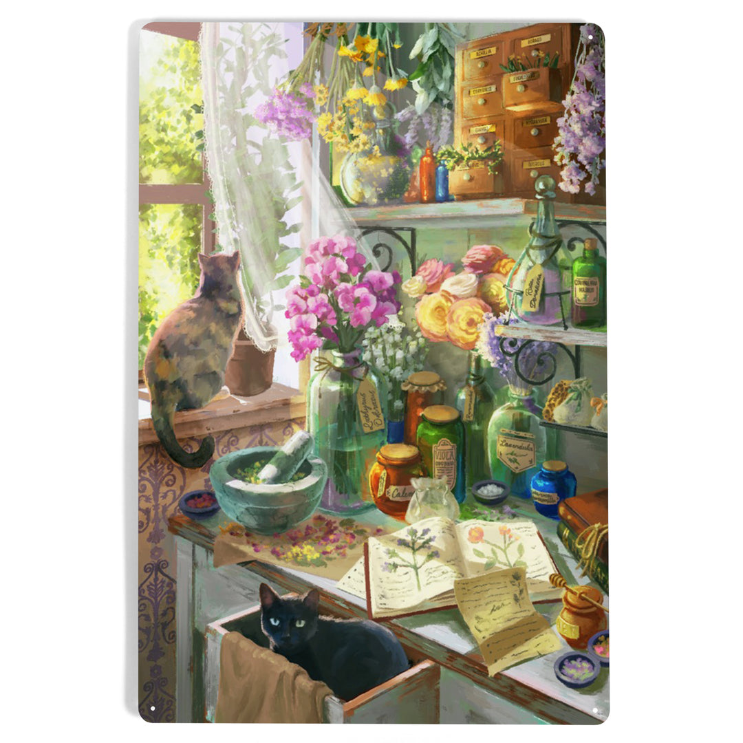 Garden Apothecary, With Cat, Oil Painting, 12x18 Metal Sign