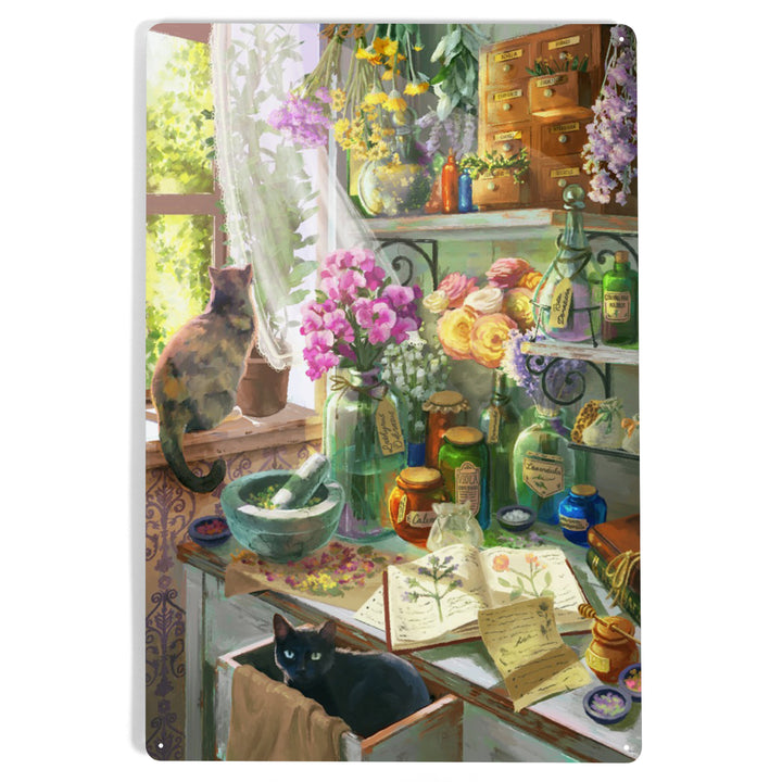 Garden Apothecary, With Cat, Oil Painting, 12x18 Metal Sign