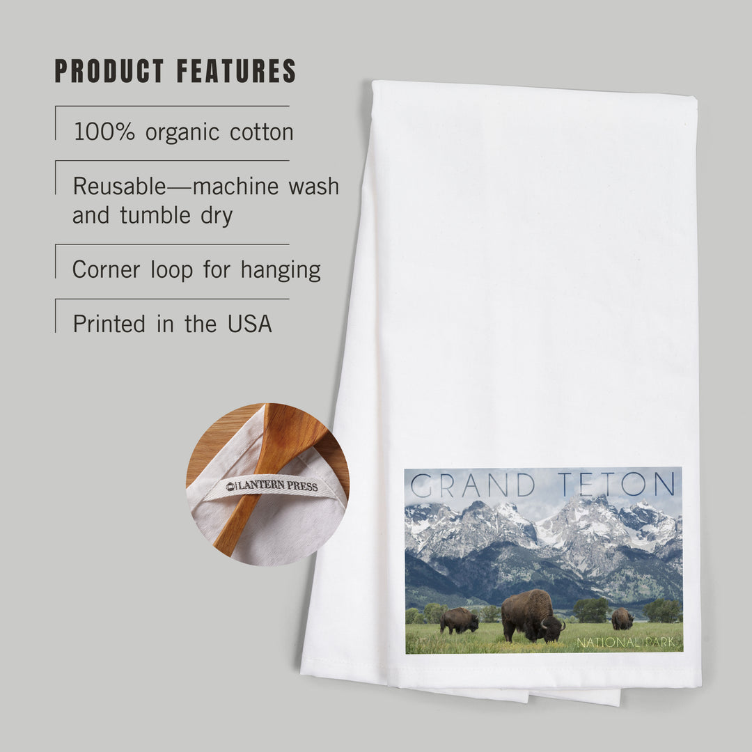 Grand Teton National Park, Wyoming, Buffalo and Mountain Scene, Organic Cotton Kitchen Tea Towels