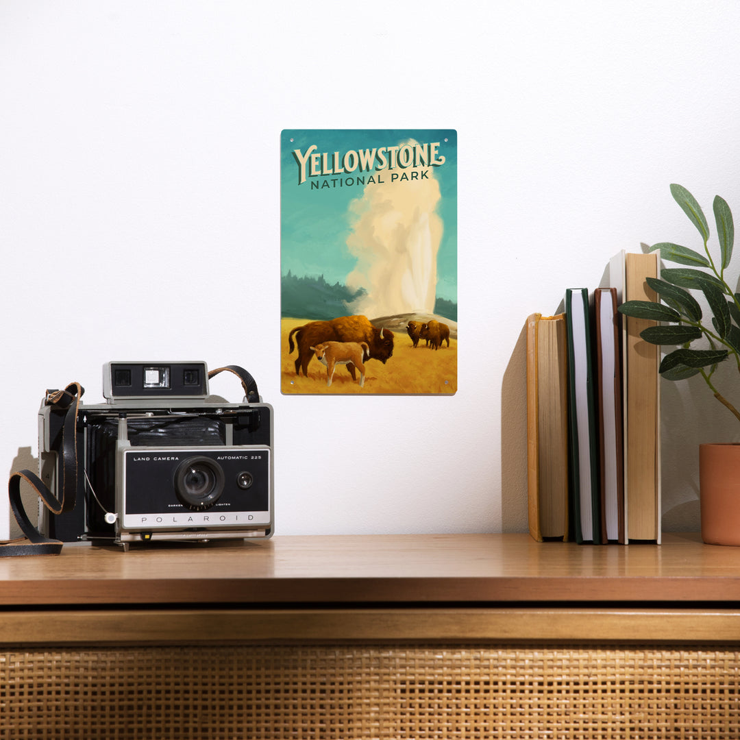 Yellowstone National Park, Old Faithful and Bison, Oil Painting, Metal Signs