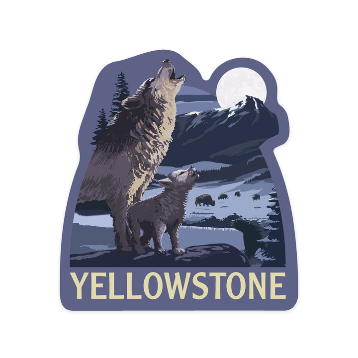 Yellowstone National Park, Wyoming, Wolves & Full Moon, Contour, Lantern Press Artwork, Vinyl Sticker