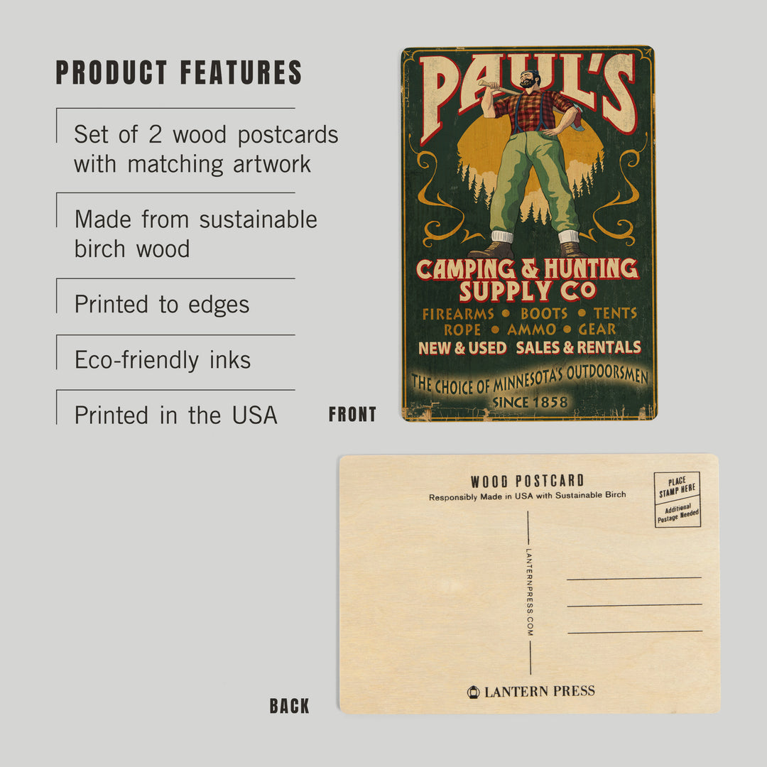 Minnesota, Paul Bunyan Camping Supply Vintage Sign, Wood Sign and Postcards