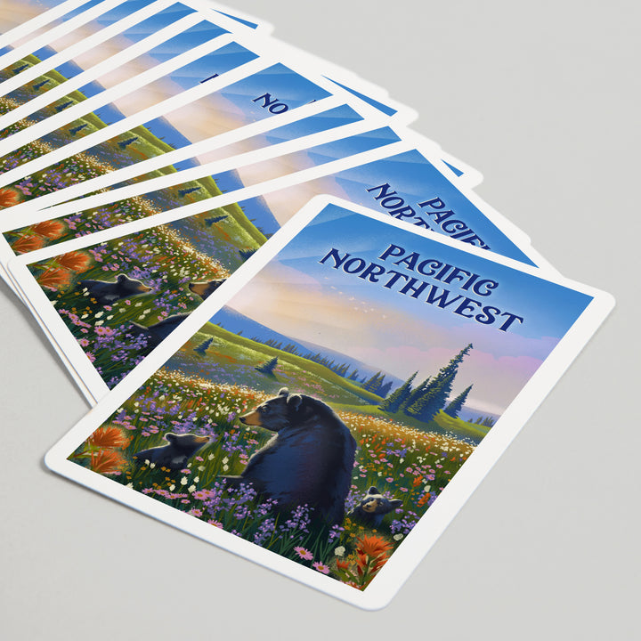 Playing Cards, Pacific Northwest, Lithograph, Bear Family in Field, 52 Card Deck with Jokers in Box, Unique Art