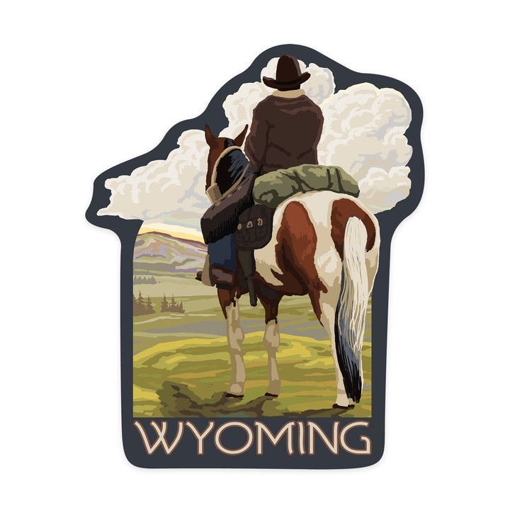 Wyoming, Cowboy & Horse, Contour, Lantern Press Artwork, Vinyl Sticker