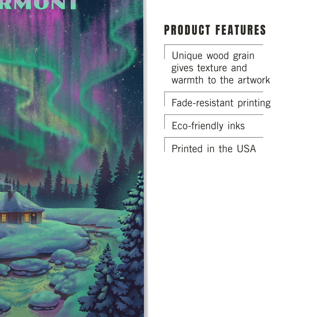 Vermont, Litho, Northern Lights and Cabin, Wood Sign and Postcards