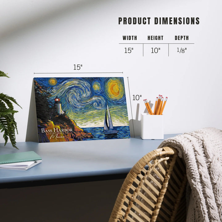 Maine, Starry Night, Bass Harbor Lighthouse, Wood Sign and Postcards