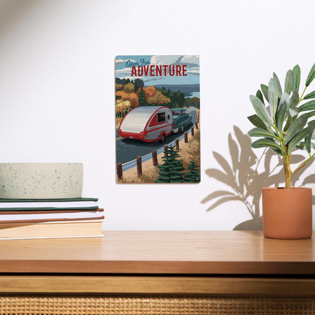 Open for Adventure, Retro Camper on Road, Painterly, Wood Signs and Postcards