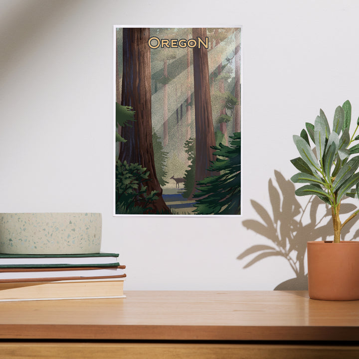 Oregon, Lithograph, Deer in Forest, Art & Giclee Prints