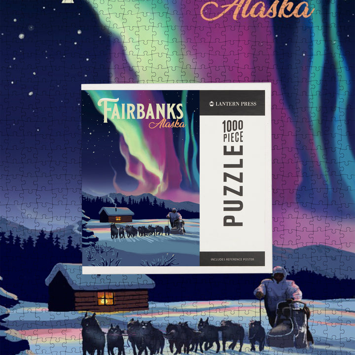 Fairbanks, Alaska, Painterly, Northern Lights and Dogsled, Jigsaw Puzzle