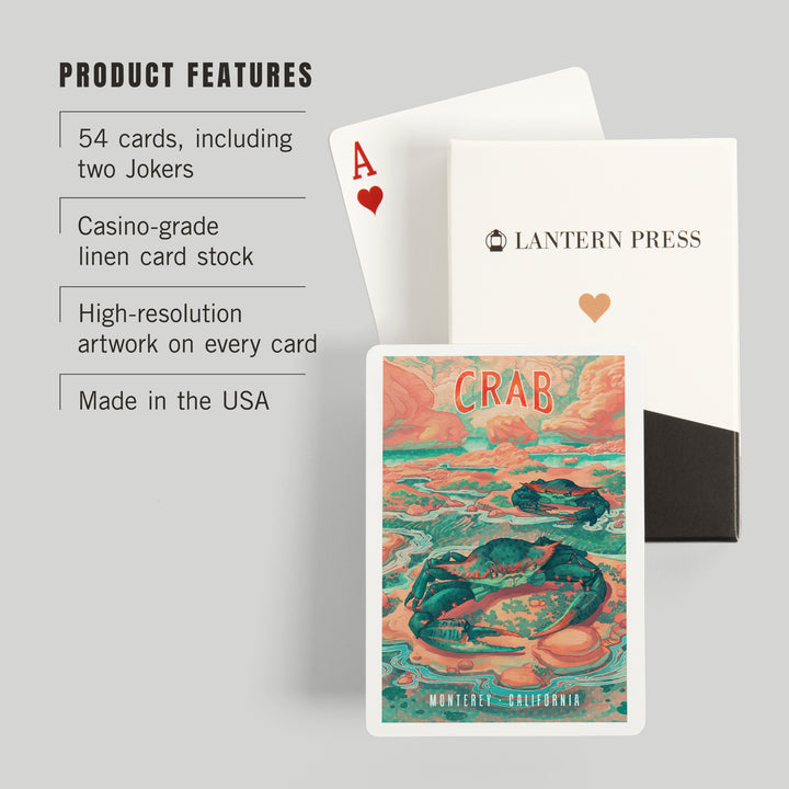 Playing Cards, Monterey, California, Fluid Linework, Crab, 52 Card Deck with Jokers in Box, Unique Art