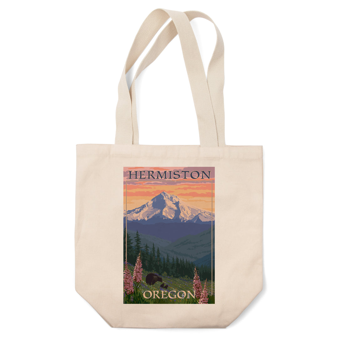 Hermiston, Oregon, Bear Family & Spring Flowers, Lantern Press Artwork, Tote Bag