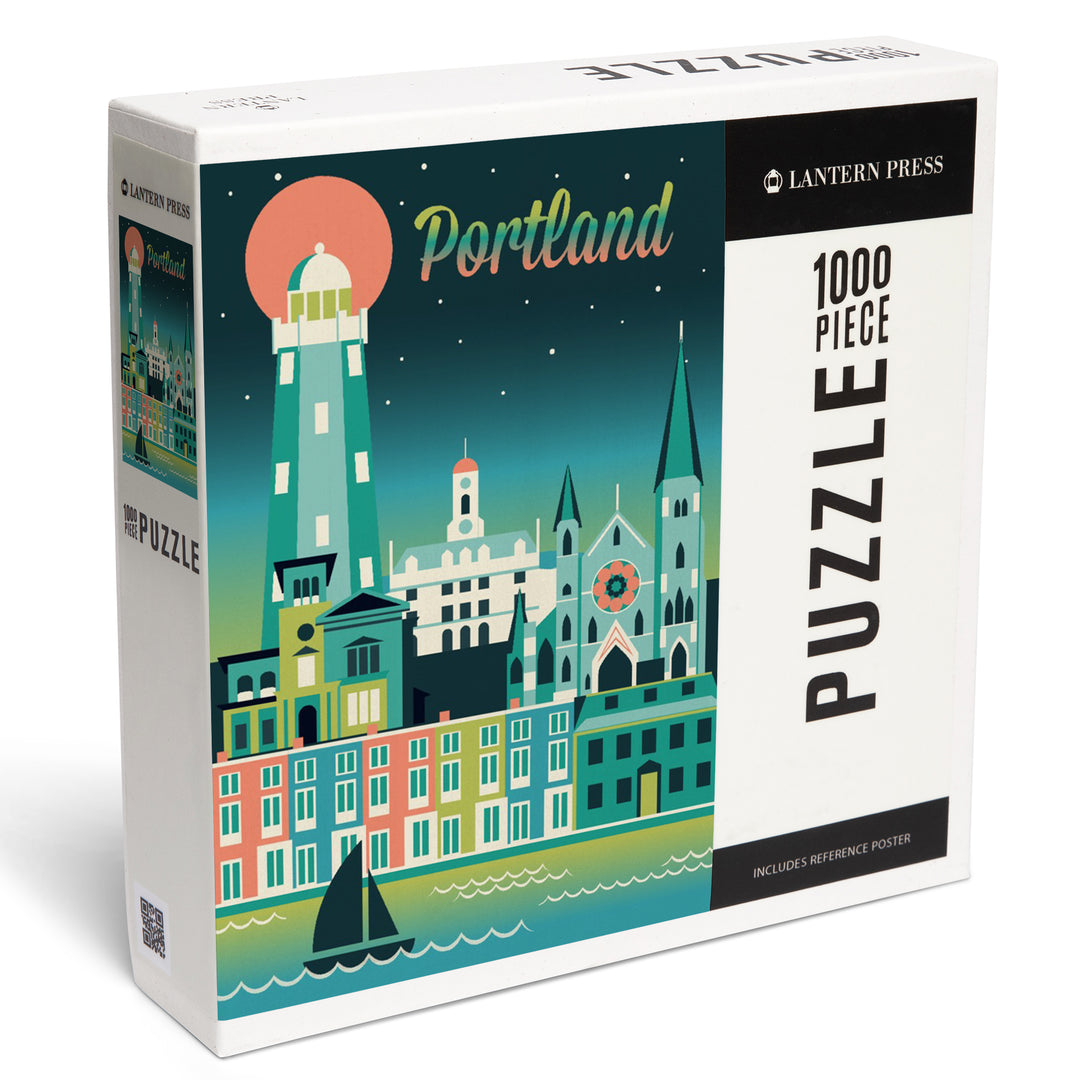 Portland, Maine, Retro Skyline Chromatic, 1000 Piece Jigsaw Puzzle