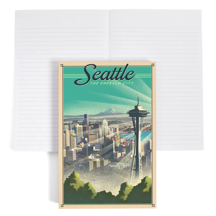 Lined 6x9 Journal, Seattle, Washington, Skyline, Lithograph, Lay Flat, 193 Pages, FSC paper