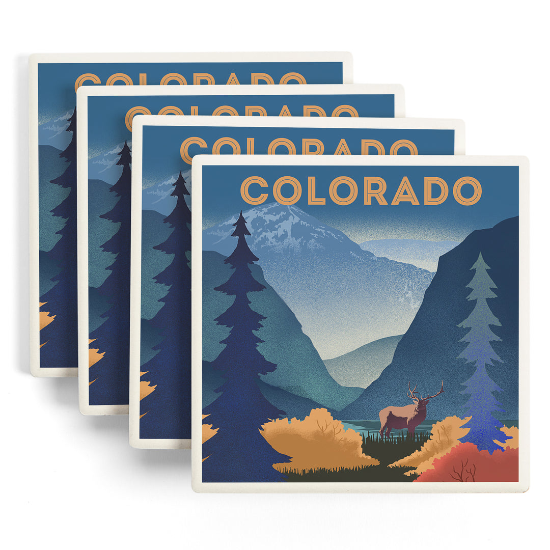 Colorado, Lithograph, Elk and Mountains Scene ceramic coaster set