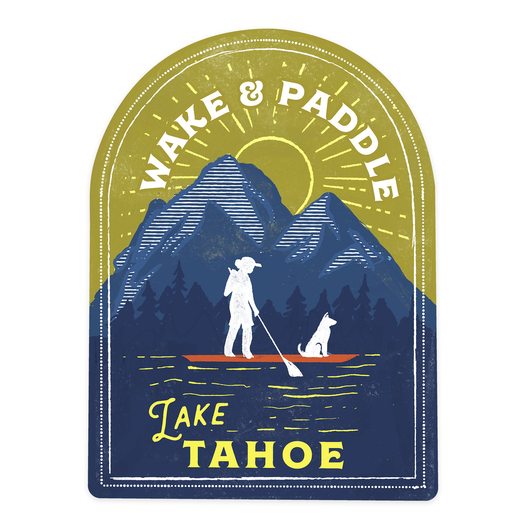 Lake Tahoe, Lake Life Series, Wake and Paddle, Landscape with Mountain, Contour, Vinyl Sticker