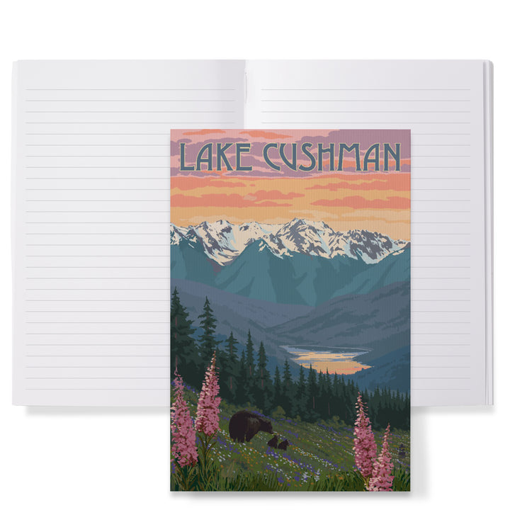Lined 6x9 Journal, Lake Cushman, Washington, Bear and Spring Flowers, Lay Flat, 193 Pages, FSC paper