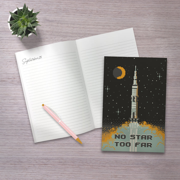 Lined 6x9 Journal, 8-Bit Space Collection, Rocket, No Star Too Far, Lay Flat, 193 Pages, FSC paper