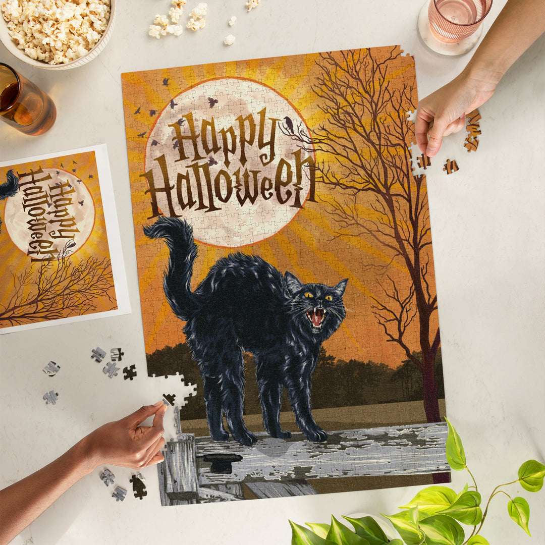 Halloween, Happy Halloween, Black Cat and Moon, 1000 Piece Jigsaw Puzzle