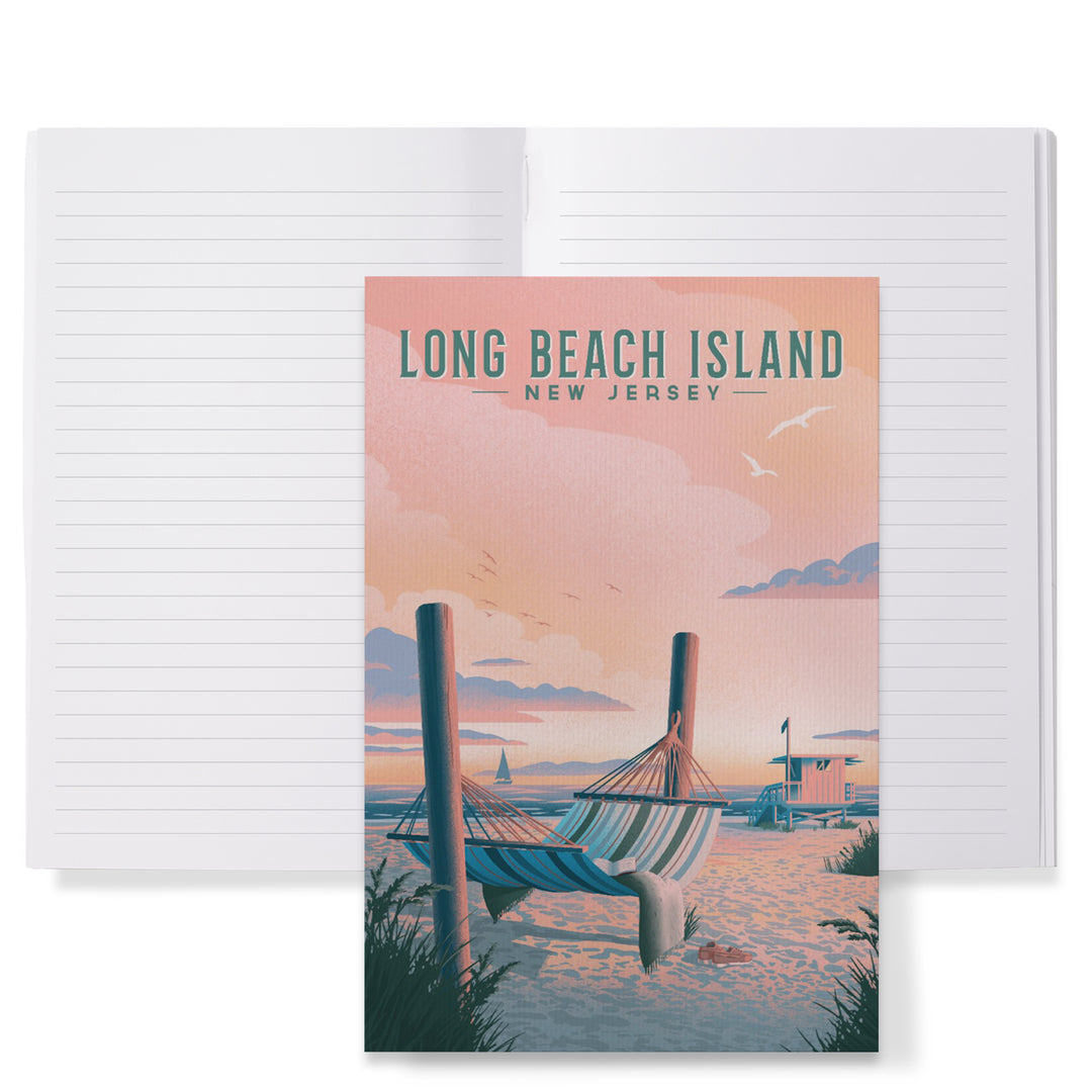 Lined 6x9 Journal, Long Beach Island, New Jersey, Lithograph, Hammock on Beach, Lay Flat, 193 Pages, FSC paper