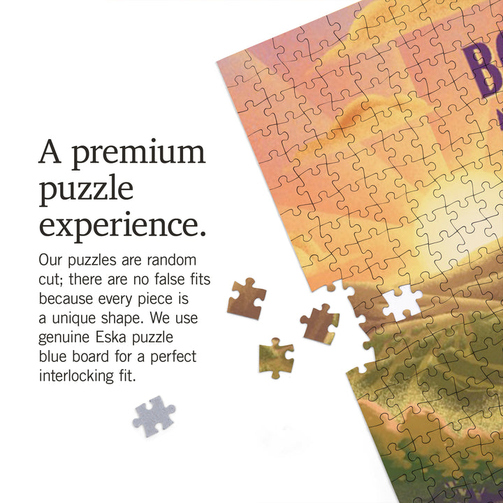 Bozeman, Montana, Lithograph, Bear and Spring Flowers, Ski Mountain, Jigsaw Puzzle