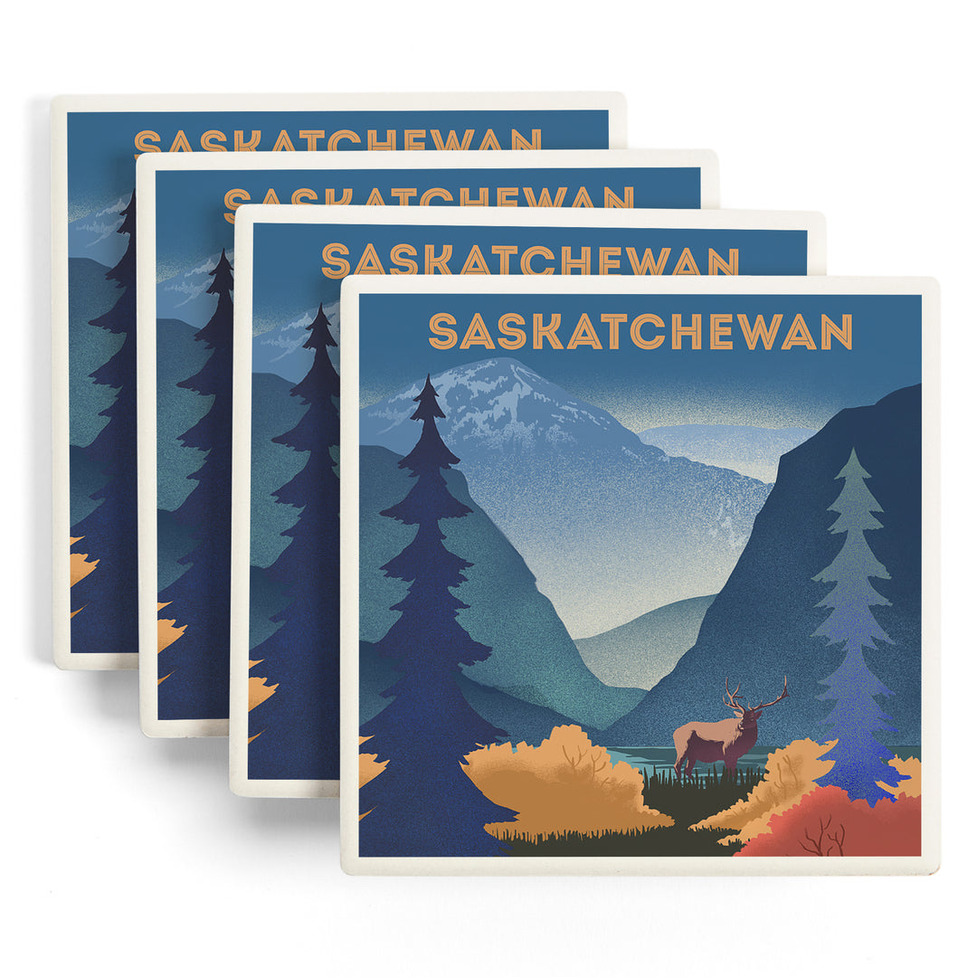 Saskatchewan, Lithograph, Elk and Mountains Scene ceramic coaster set