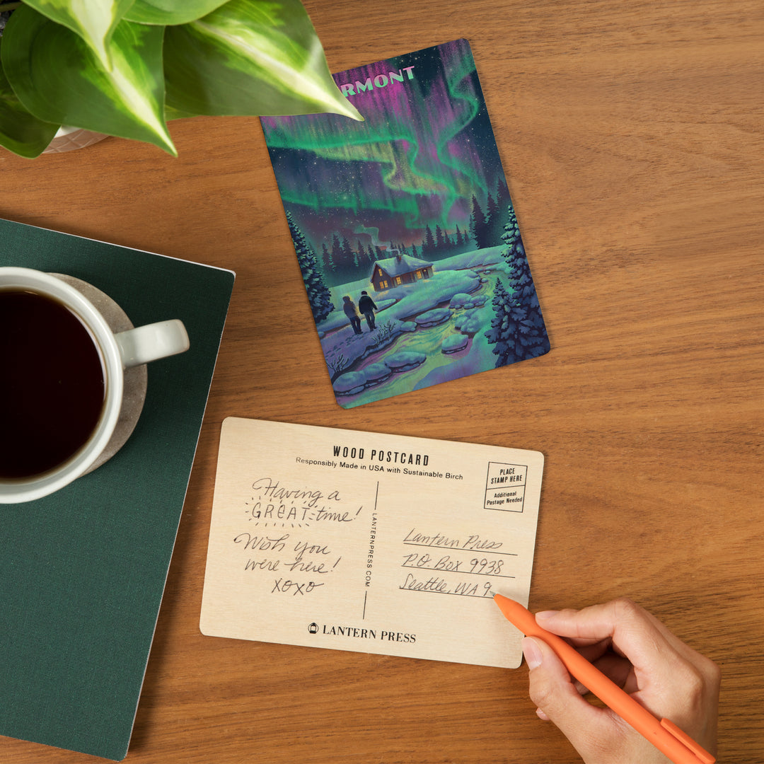 Vermont, Litho, Northern Lights and Cabin, Wood Sign and Postcards