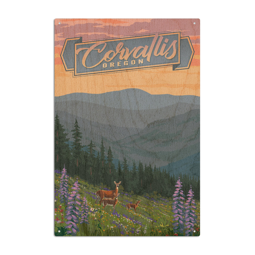Corvallis, Oregon, Deer & Spring Flowers, Lantern Press Artwork, Wood Signs and Postcards