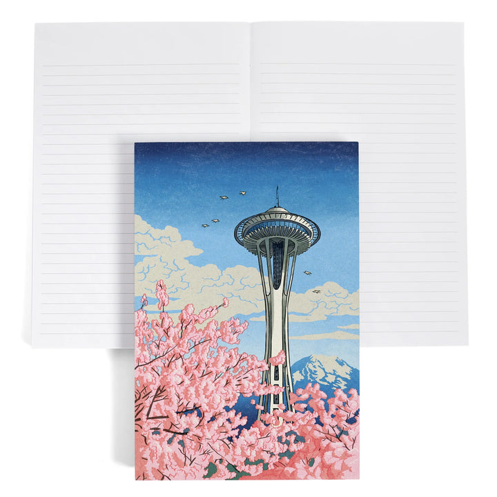 Lined 6x9 Journal, Seattle, Washington, Space Needle, Cherry Blossoms Woodblock, Lay Flat, 193 Pages, FSC paper