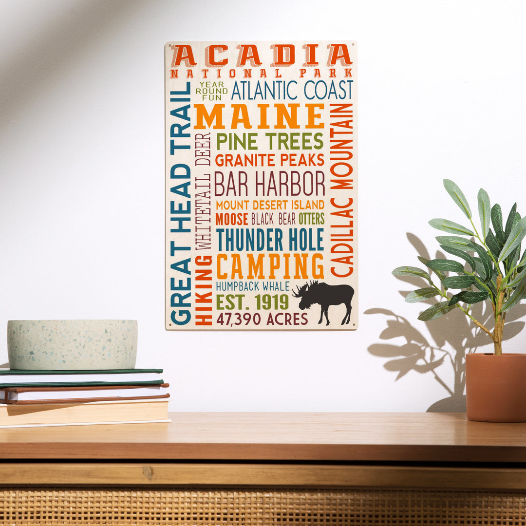Acadia National Park, Maine, Typography, Wood Sign and Postcards