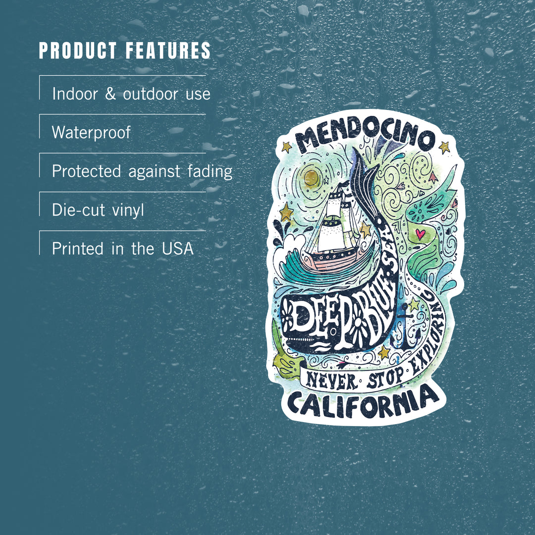 Mendocino, California, Watercolor Whale, Deep Blue Sea, Nautical Art, Contour, Lantern Press Artwork, Vinyl Sticker