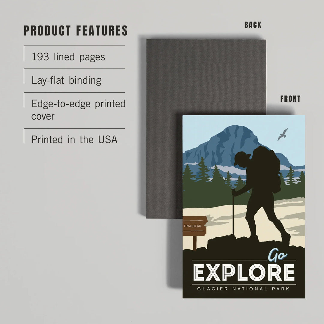 Lined 6x9 Journal, Glacier National Park, Montana, Go Explore, Backpacker, Lay Flat, 193 Pages, FSC paper