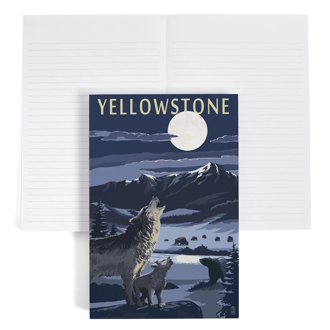 Lined 6x9 Journal, Yellowstone National Park, Wyoming, Wolves and Full Moon, Lay Flat, 193 Pages, FSC paper