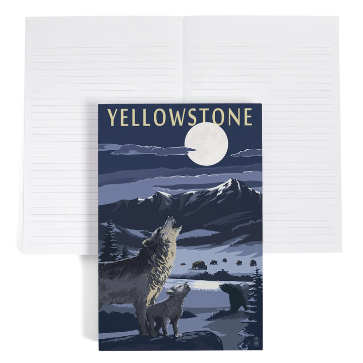 Lined 6x9 Journal, Yellowstone National Park, Wyoming, Wolves and Full Moon, Lay Flat, 193 Pages, FSC paper