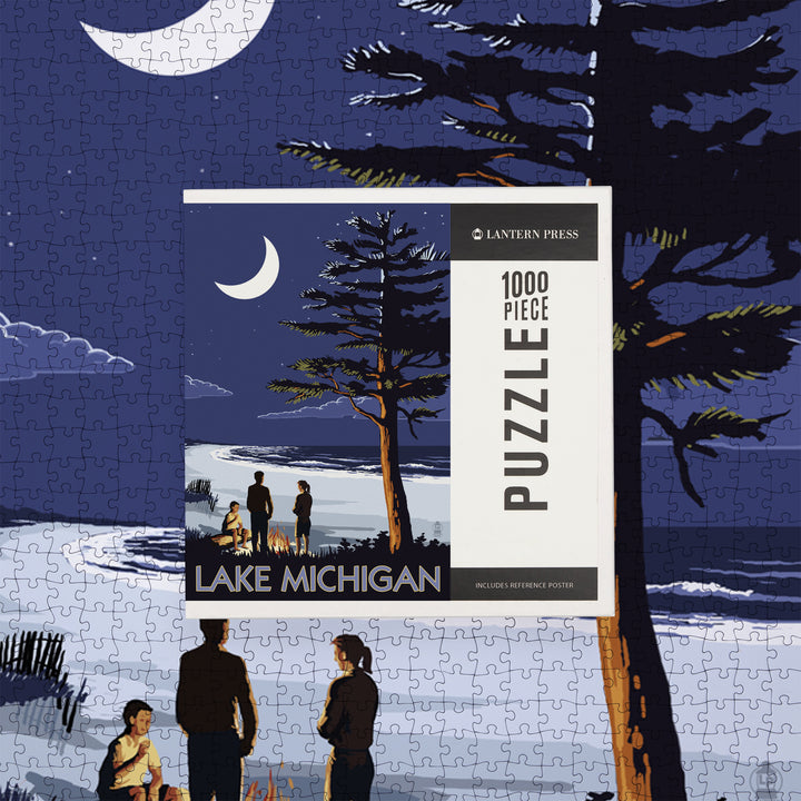 Lake Michigan, Bonfire at Night Scene, Jigsaw Puzzle