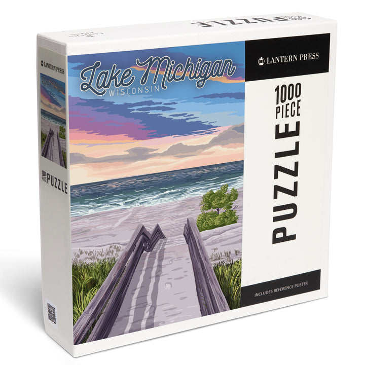 Lake Michigan, Wisconsin, Beach Boardwalk Scene, Jigsaw Puzzle