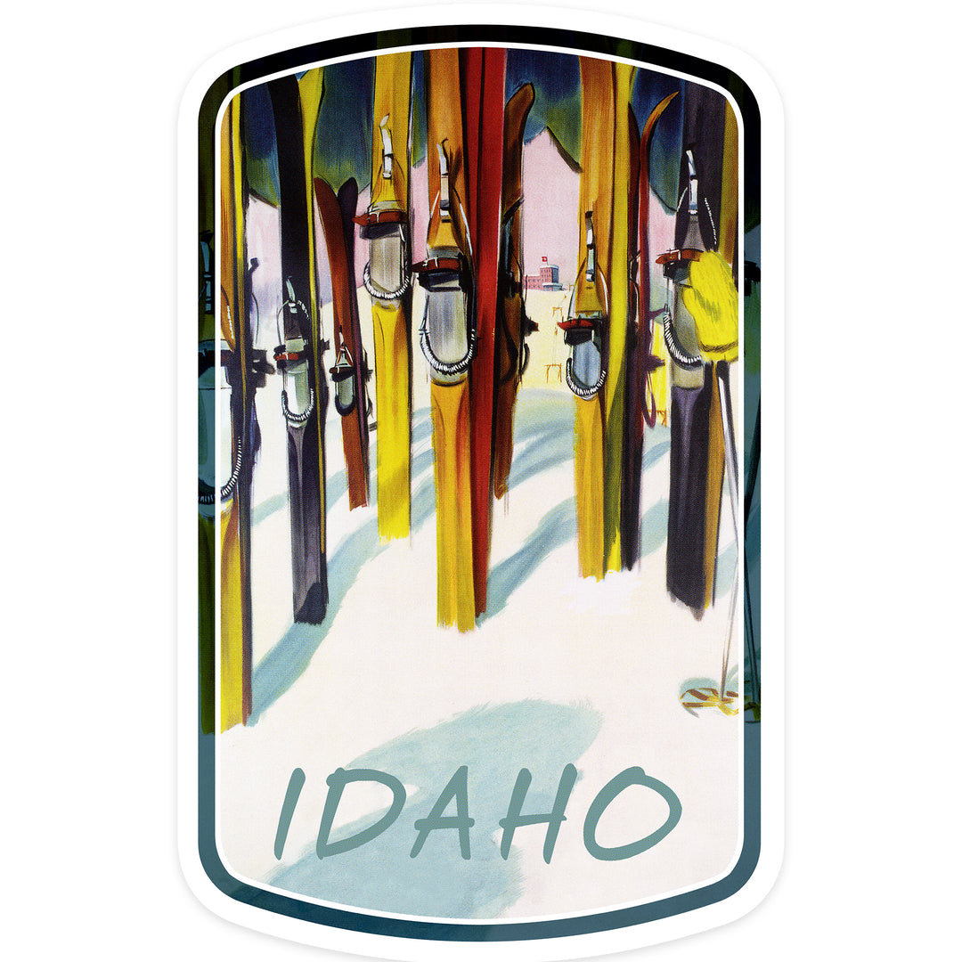 Idaho, Colorful Skis, Contour, Lantern Press Artwork, Vinyl Sticker