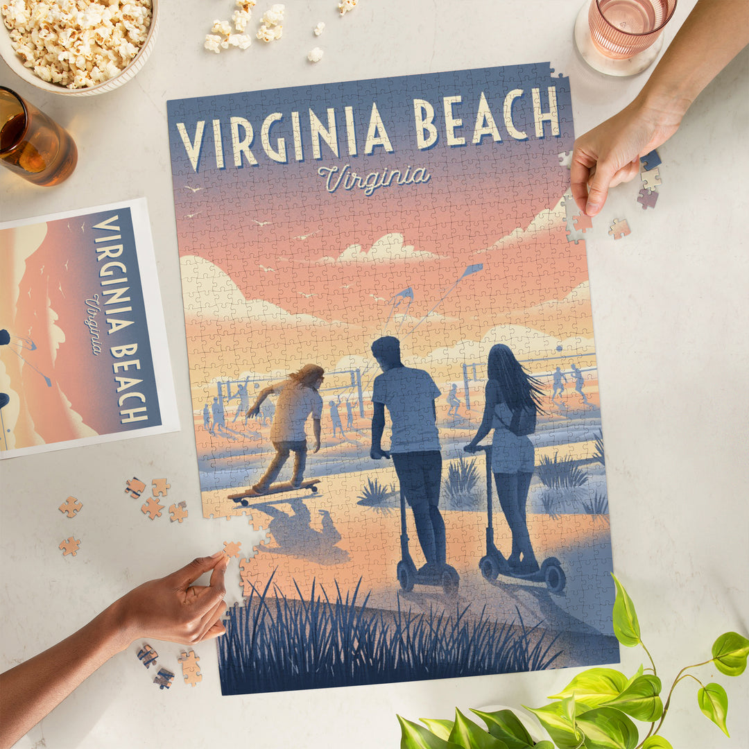 Virginia Beach, Virginia, Lithograph, Enjoy the Ride, Longboards and Scooters, Jigsaw Puzzle