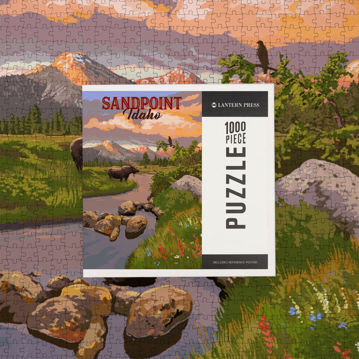 Sandpoint, Idaho, Painterly, Moose and Mountain at Sunset, Jigsaw Puzzle