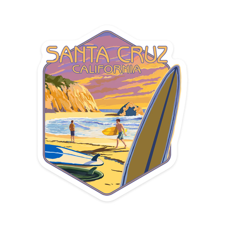 Santa Cruz, California, Surfers at Sunset, Contour, Vinyl Sticker