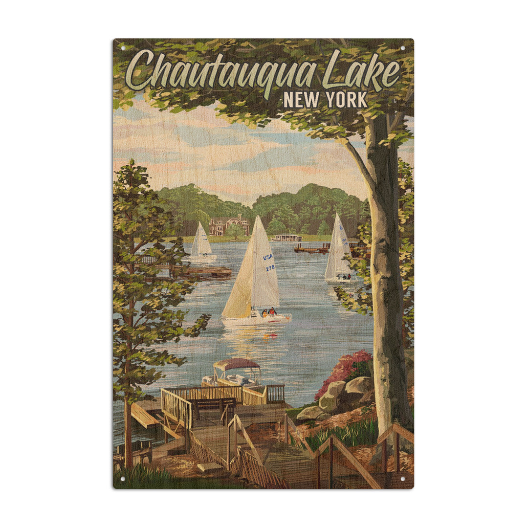 Chautauqua Lake, New York, Lake View & Sailboats, Lantern Press Artwork, Wood Signs and Postcards
