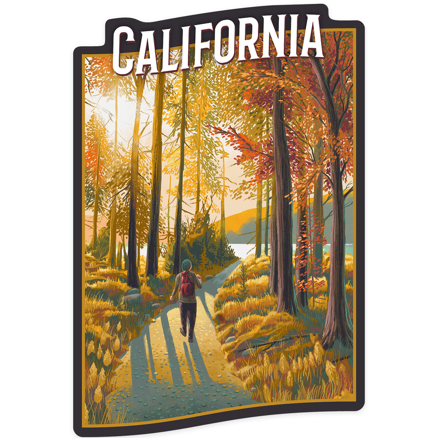 California, Walk In The Woods, Day Hike, Fall, Contour, Vinyl Sticker - Lantern Press