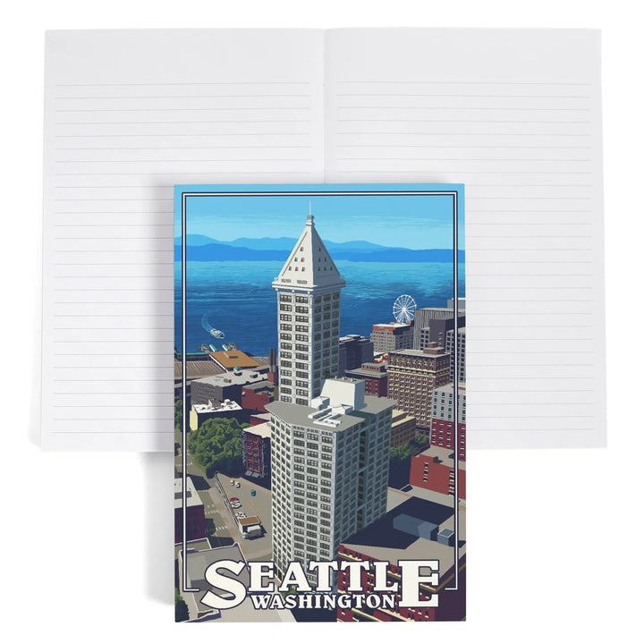 Lined 6x9 Journal, Seattle, Washington, Smith Tower and Elliott Bay, Lay Flat, 193 Pages, FSC paper