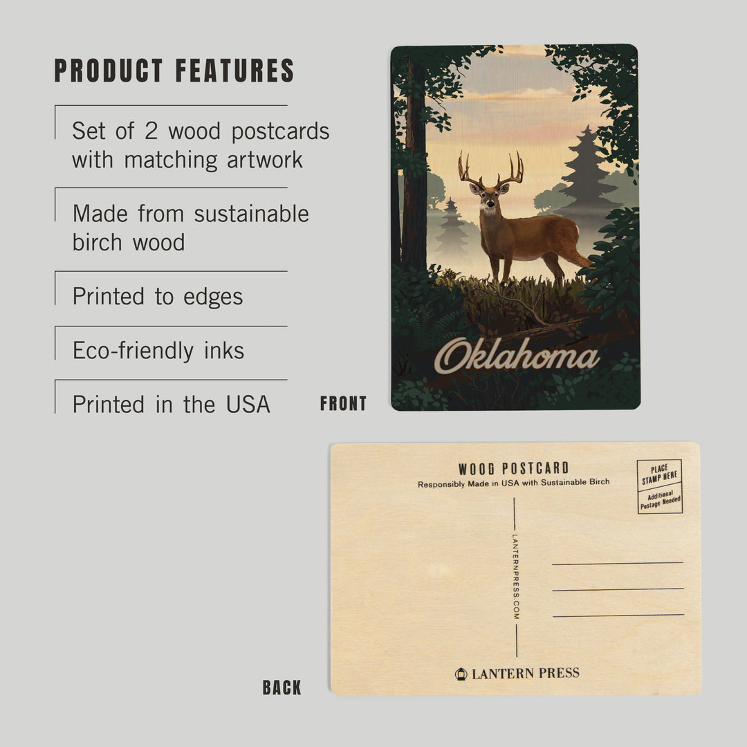 Oklahoma, Painterly, Deer and Sunrise, Wood Sign and Postcards